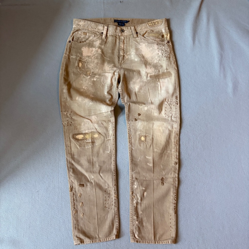 Ralph Lauren Distressed Patchwork Repair Western Jeans Tan Khaki Hair-On-Hide 28